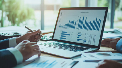 Obraz premium Digital Charts and Analytics Enhancing Decision-Making in a Modern Workspace