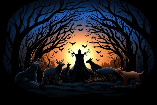 Dark forest scene with a lone figure protecting animals from shadows