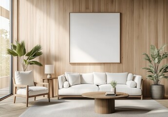 A serene living room with white furniture and wooden accents, featuring plants and natural light.