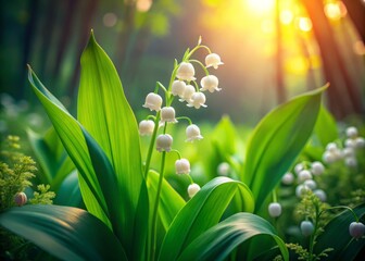 Obraz premium In a surreal spring forest, white lilies of the valley bloom among lush green leaves, creating an enchanting scene filled with fragrant whispers of nature's magic.