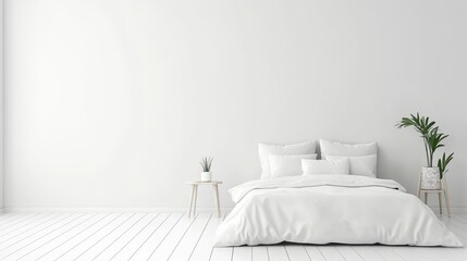 Cozy modern Scandinavian style bedroom with minimalist furniture, natural wood accents, soft textiles, warm lighting, creating a serene functional living space with a focus on simplicity and comfort