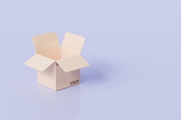 3D Realistic Open box parcel icon. Minimal Unboxing cardboard box, cargo box, delivery box icon isolated on purple background. Shipping delivery transportation logistic service concept. 3d render.