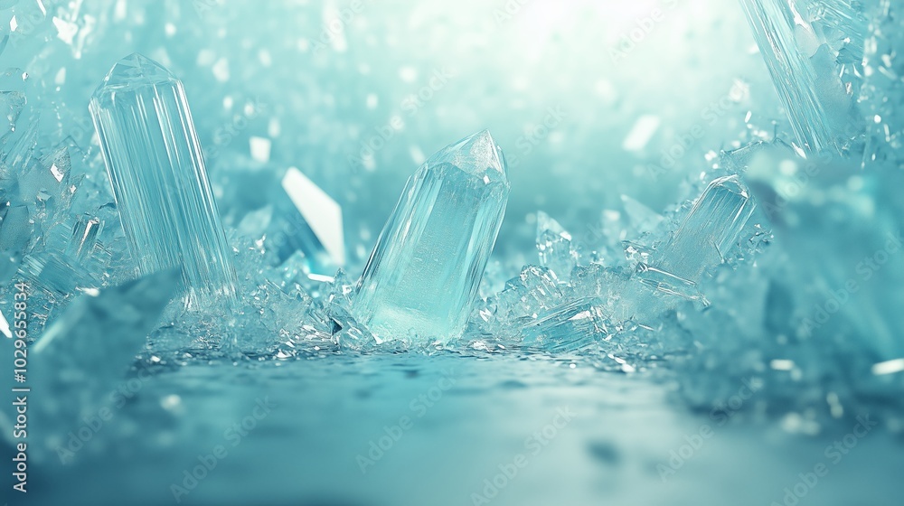 Aufkleber sparkling blue crystals with sharp edges scattered on a reflective surface in a bright environment