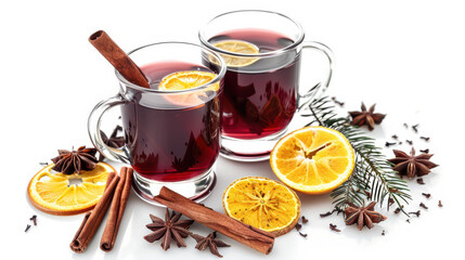 Warm and inviting, this features two glasses of spiced beverage garnished with orange slices and cinnamon sticks, surrounded by star anise and dried citrus. Perfect for cozy gatherings