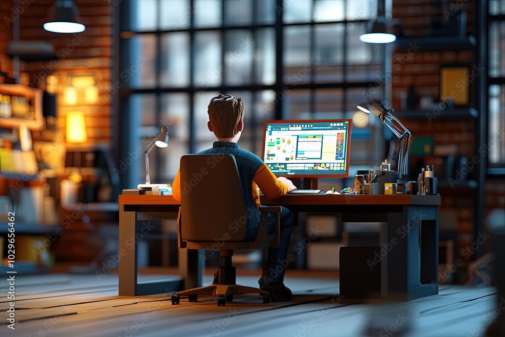 Poster a person sitting at a desk in front of a computer