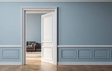 Elegant room with an open white door revealing a cozy armchair and soft lighting.