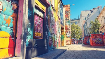 A narrow street lined with colorful graffiti-covered buildings, vibrant posters, and a glimpse of a tree in the background.