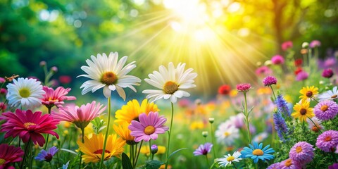 Obraz premium In spring's embrace, daisies blossom brightly in the garden, their lively petals offering a cheerful touch, inviting joy and renewal to the landscape.