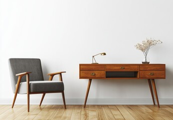 A stylish room featuring a gray chair and a wooden desk against a white wall.