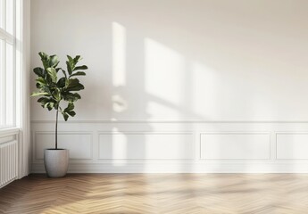 Fototapeta premium A serene, minimalist room with sunlight and a green plant in a pot.