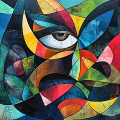 Fototapeta premium Colorful abstract artwork featuring a stylized eye and geometric shapes.