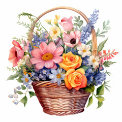 Obraz premium Beautiful Flower Basket Watercolor Illustration - Vibrant Floral Art for Home Decor and Gift Cards