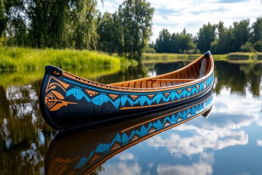 Native American canoe on a calm lake, reflecting in the water