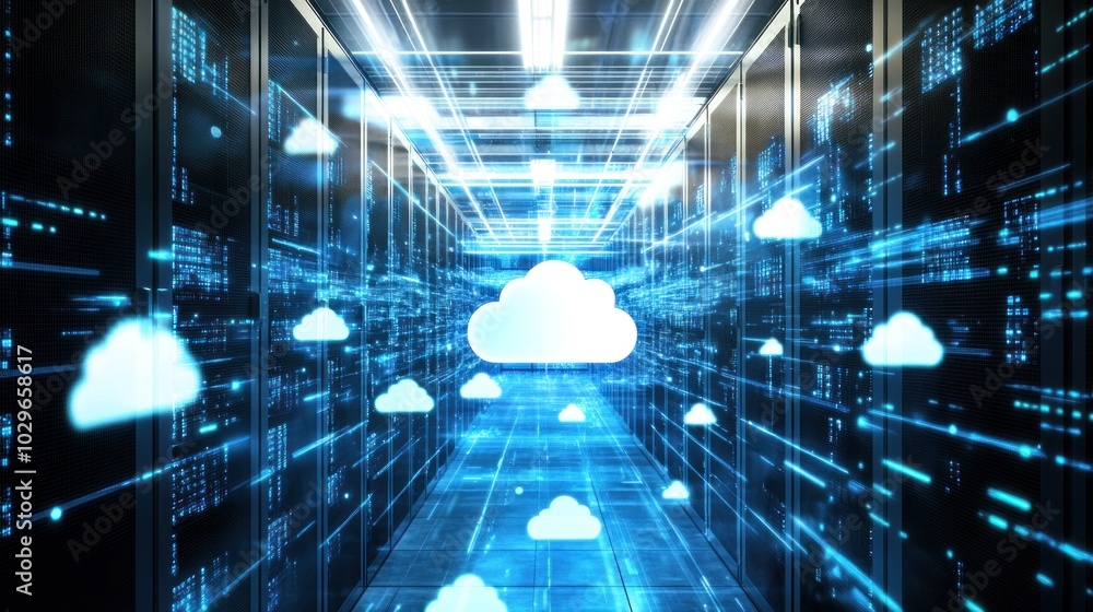 Fototapete cloud computing server room with data flow lines