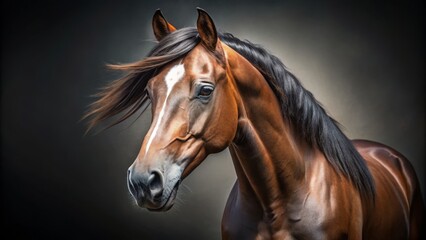 Fototapeta premium Majestic horse portrait captured against a sleek gray background, showcasing stunning equine beauty and grace in a striking photographic composition that enchants the viewer.