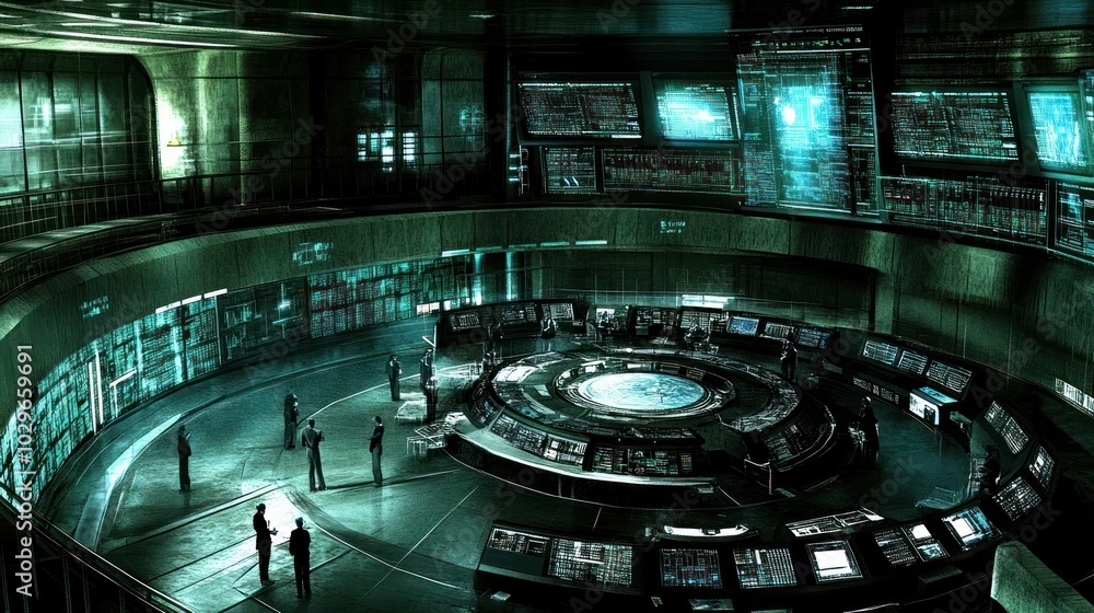 Poster futuristic command center with numerous monitors and personnel