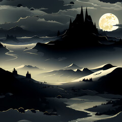 Dark Fantasy Castle Landscape, Moonlight in Seamless Pattern