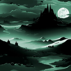 Dark Fantasy Castle Landscape, Moonlight in Seamless Pattern