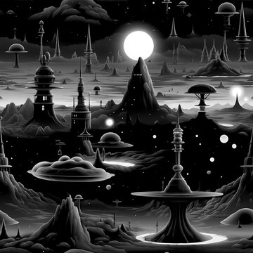 Futuristic Alien Planet Landscape Seamless Pattern with Sci-Fi Structures