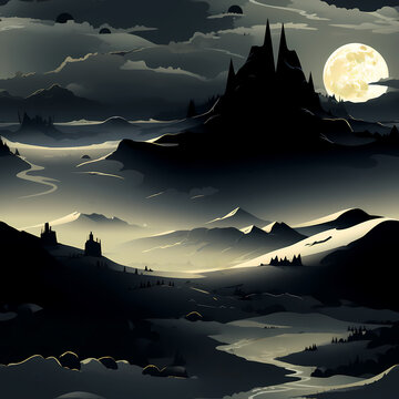 Dark Fantasy Castle Landscape, Moonlight in Seamless Pattern