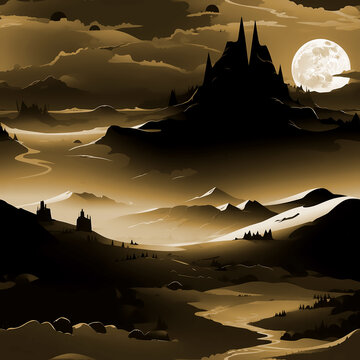 Dark Fantasy Castle Landscape, Moonlight in Seamless Pattern