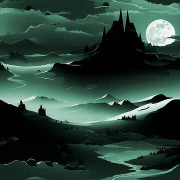 Dark Fantasy Castle Landscape, Moonlight in Seamless Pattern