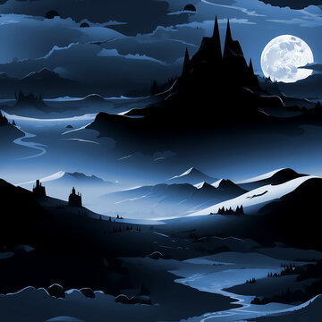 Dark Fantasy Castle Landscape, Moonlight in Seamless Pattern