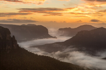 Sensational sunrise and a fog inversion over the Grose Valley, Blue Mountains