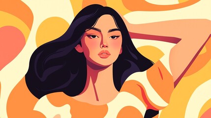 Stylish illustration of a confident woman with long hair against a colorful background, showcasing modern art and femininity.
