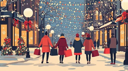 Merry Moment and Activities Holiday shoppers carrying bags, decorated streets, flat design illustration