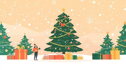 Fototapeta premium Merry Moment and Activities Christmas tree, decorated with gifts, flat design illustration