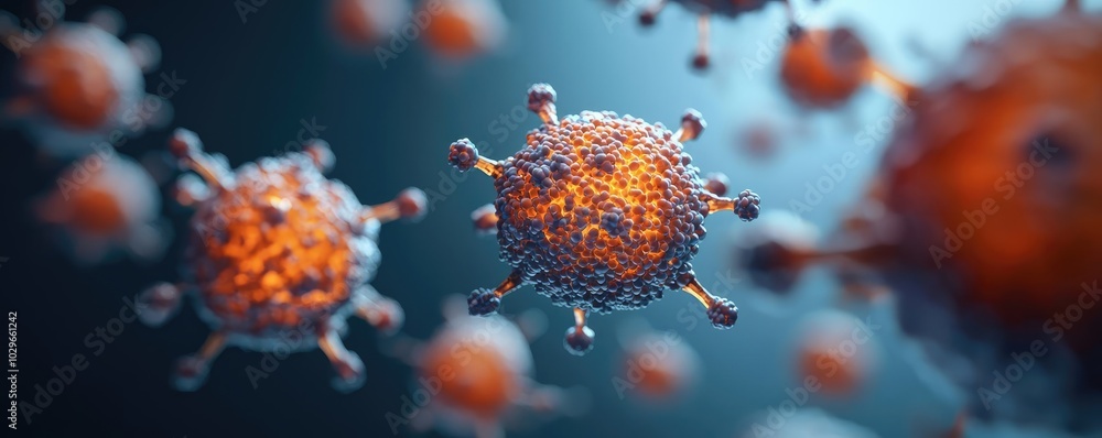 Poster Detailed microscopic view of a virus particle, showcasing its intricate structure and vibrant colors, illustrating the world of pathogens.