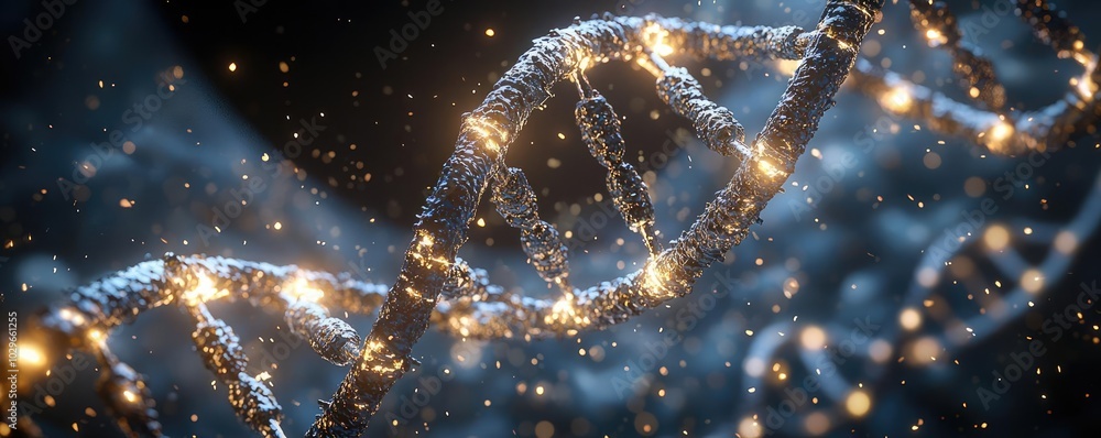 Poster close-up view of a shimmering dna strand, symbolizing life, genetics, and the building blocks of all
