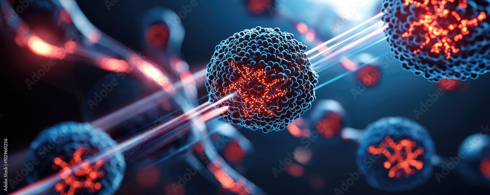 Poster Close-up of colorful virus structures illuminated with light, showcasing intricate details in a microscopic view.