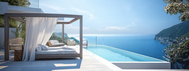 Elegant cabana by an infinity pool overlooking the ocean with lush greenery and clear blue skies.