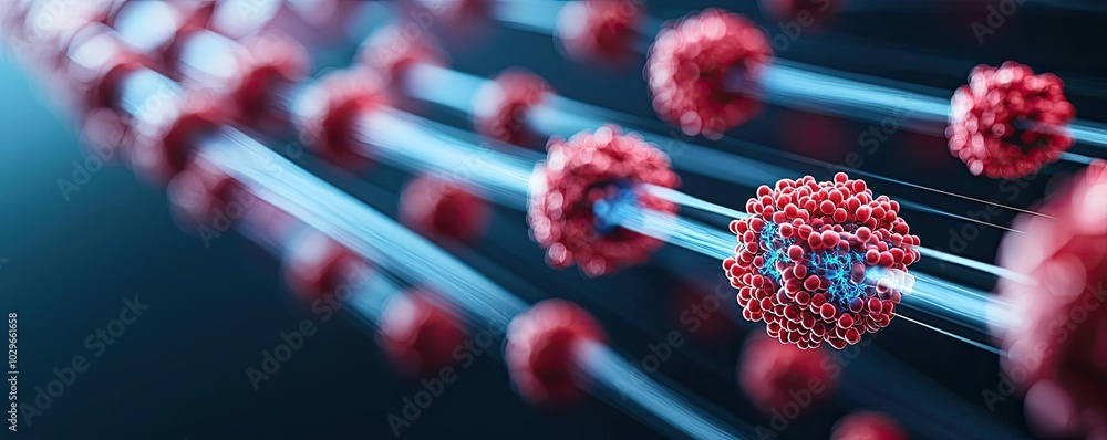 Poster Abstract representation of molecular structures showcasing red particles in motion against a dark background.