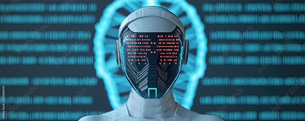 Poster Futuristic robot with a digital interface, featuring glowing elements and data visualization. Concept of technology and artificial intelligence.