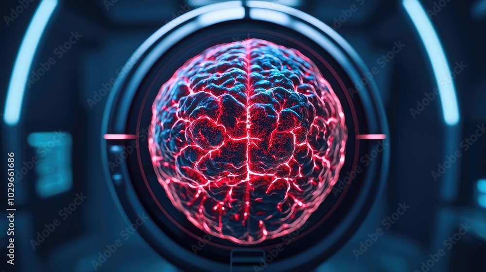 Poster a futuristic visualization of a human brain, showcasing vibrant neural connections and glowing patte