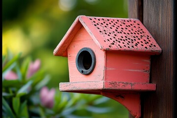 Vintage birdhouse advertisement with warm tones