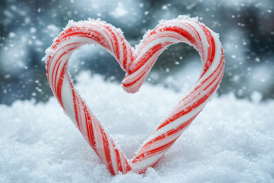 Red and white candy canes forming a heart shape on a snowy background.