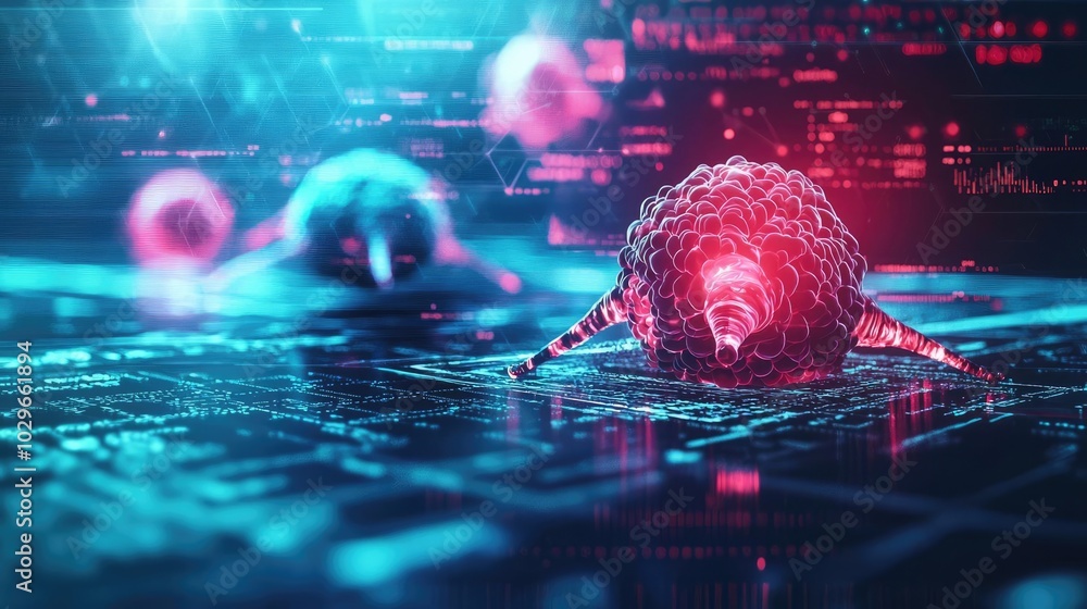 Aufkleber futuristic digital depiction of a virus interacting with technology, showcasing advanced bioinformat