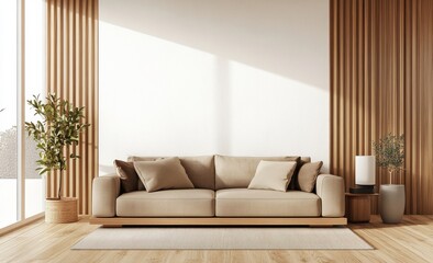 Fototapeta premium Bright living room with beige sofa, wooden panels, plants, and soft lighting.