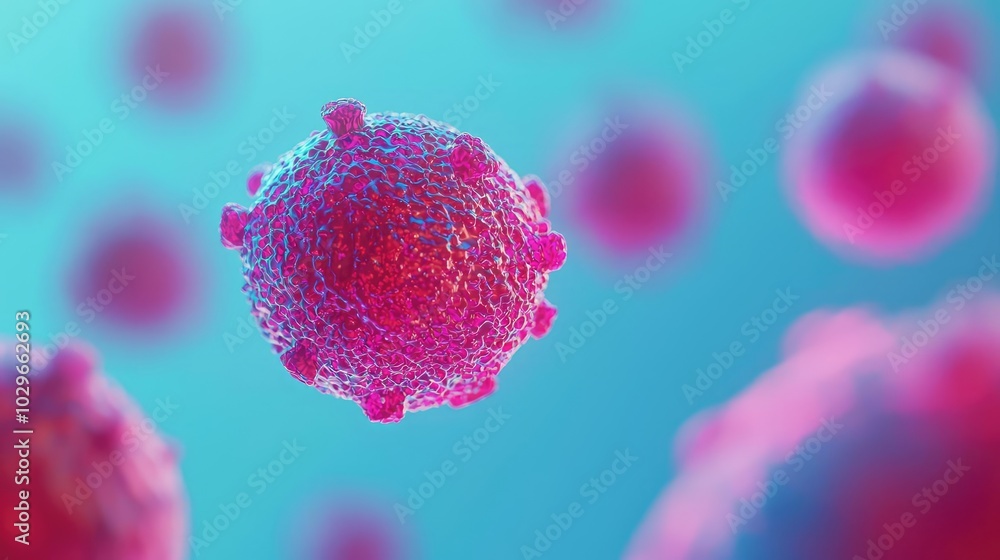 Poster Close-up view of a virus in vibrant colors, illustrating its complex structure and unique features in a microscopic world.