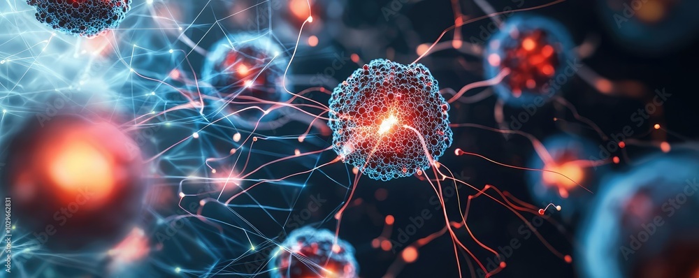 Poster detailed illustration of a cell with intricate structures, showcasing vibrant colors and connections