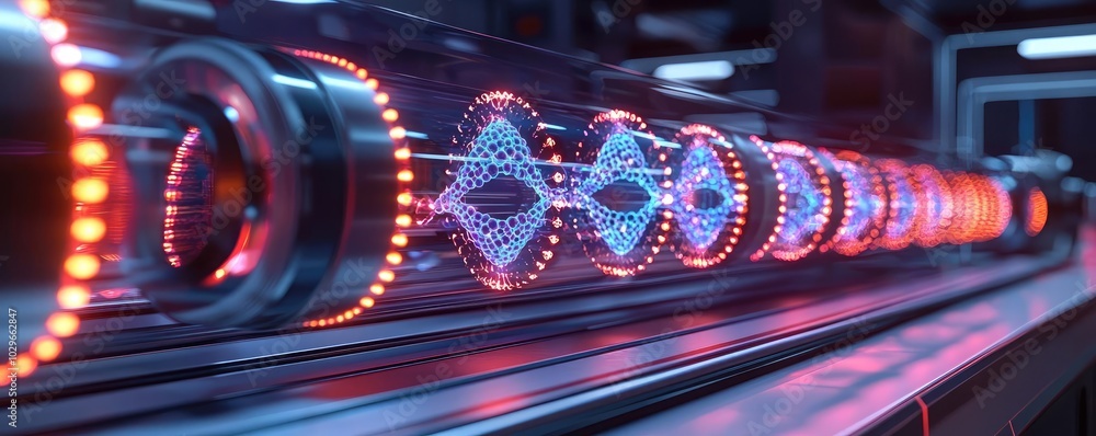 Aufkleber Futuristic design featuring illuminated tubes with intricate patterns, creating a vibrant and modern atmosphere in a high-tech environment.