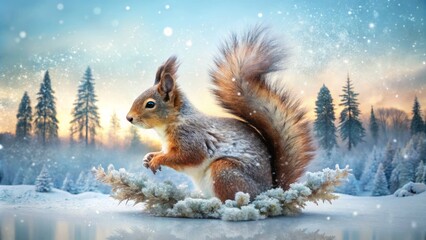 Obraz premium Squirrel in a snowy wonderland captured through double exposure photography, showcasing the beauty of nature. A serene blend of wildlife and winter landscapes, truly enchanting.