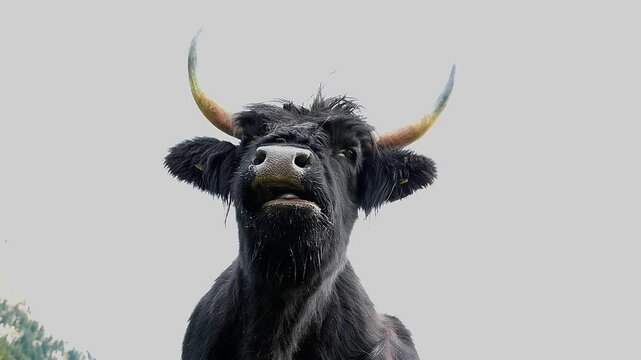 Lustiges Weitwinkel Video von einem schwarzen Schottischen Hochlandrind in den Bergen von &Ouml;sterreich