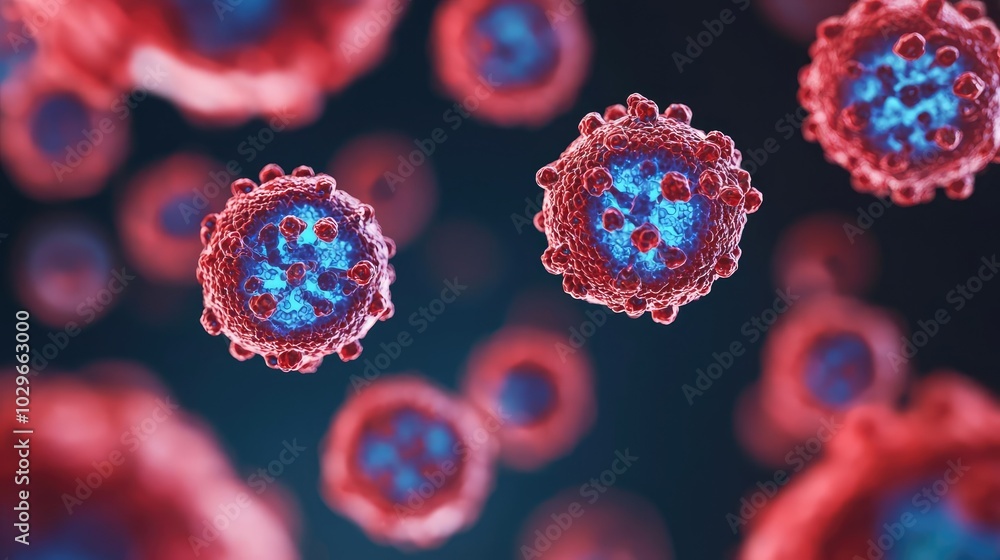 Poster close-up view of vibrant red and blue cells, illustrating microscopic life and biological structure 