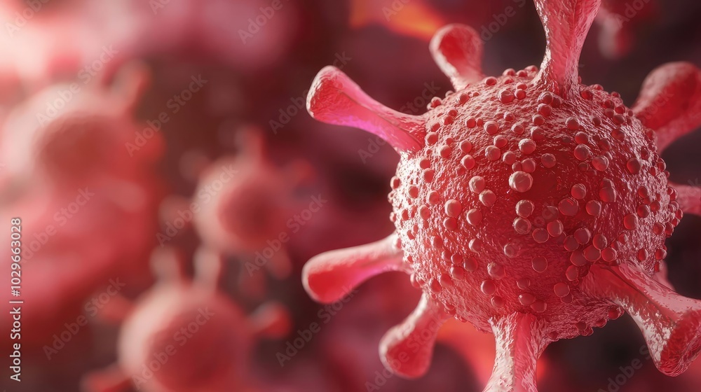 Poster Close-up view of a virus structure showing spikes and texture, ideal for educational or scientific material.