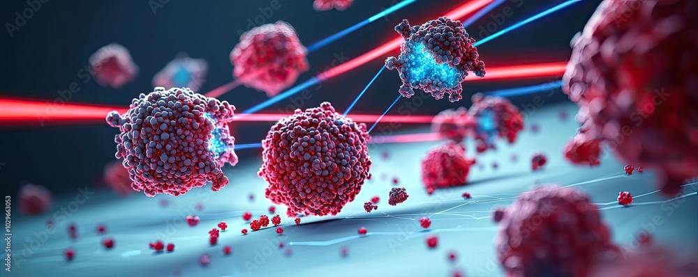 Poster Abstract representation of cells interacting with laser beams, showcasing the complexity of microbiology and cellular processes.